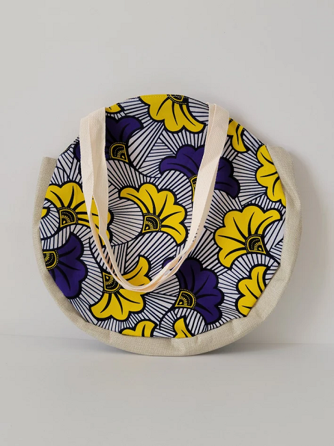 Sac rond fourre tout wax toile de jute