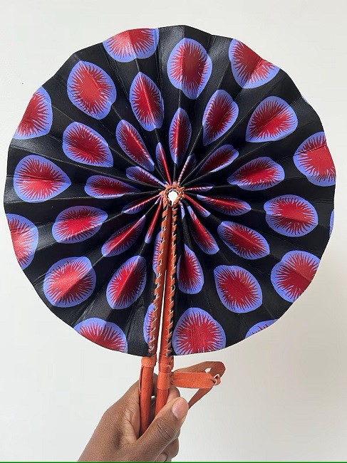 Éventail en Tissu Wax à Motifs africain avec Manche en Cuir