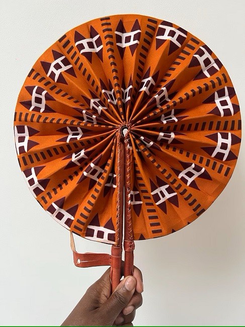 Éventail en Tissu Wax à Motifs africain avec Manche en Cuir